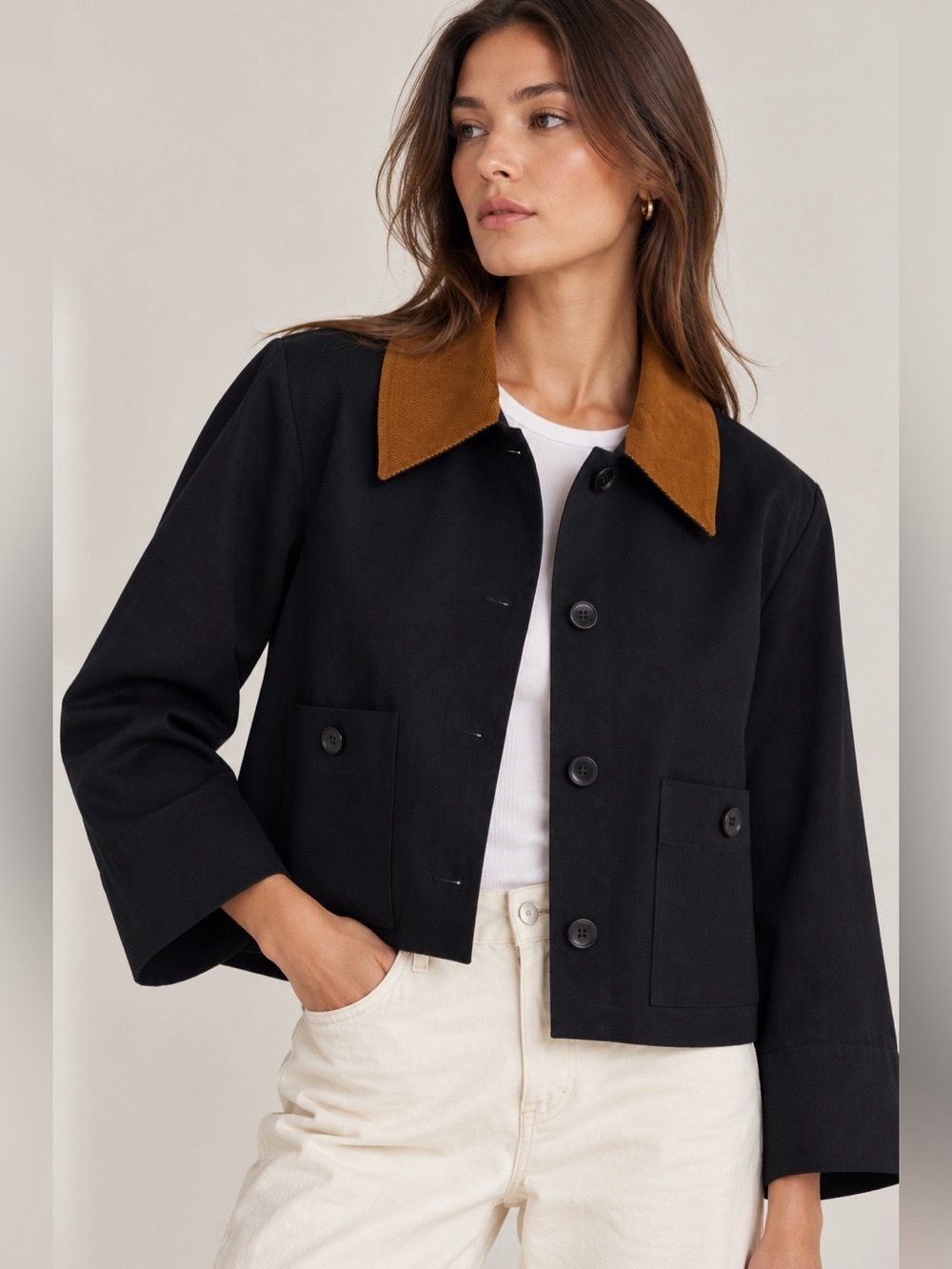 Frame Corduroy Collar Crop Jacket Navy